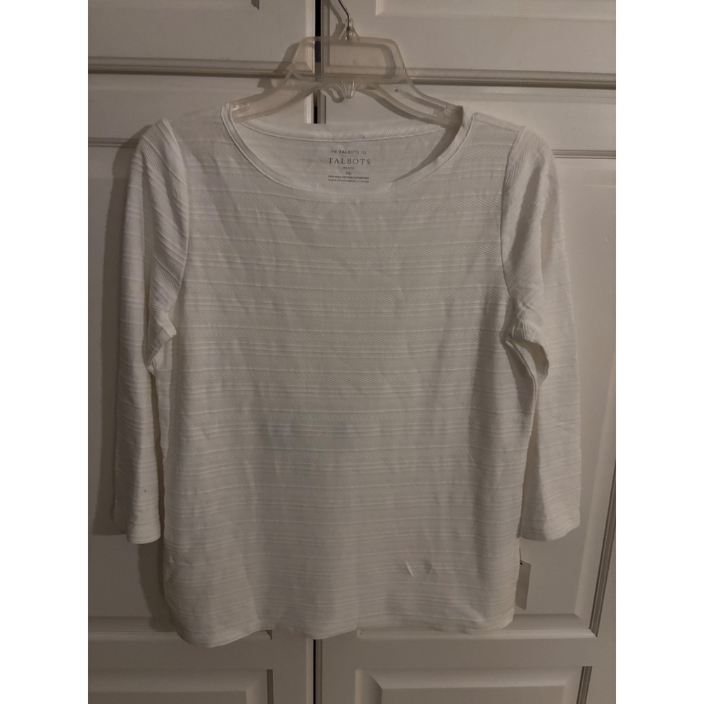 Talbots White Pima Cotton Textured Stripe Boat Neck 3/4 Sleeve Top Petite Medium